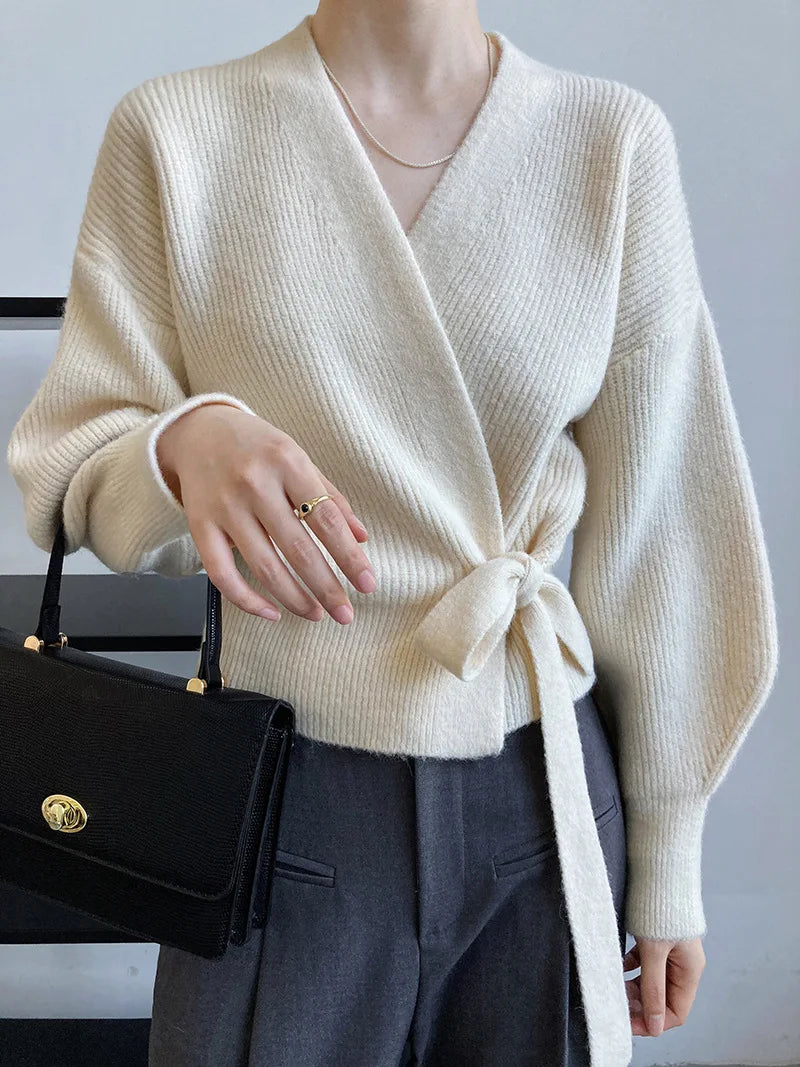 Lunivop Tie Front Wrap Sweater Cardigan Women Soft Knitted V-neck Long Sleeve Surplice Sweater Top Autumn Winter Vintage Outfit