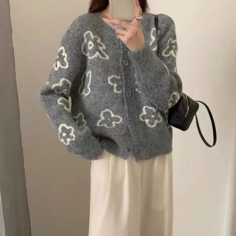 Lunivop Cute Floral Knitted Cardigan for Women Cozy O-neck Button Front Sweater Jacket Teen-girl Fall Winter Korean Fashion Outfit