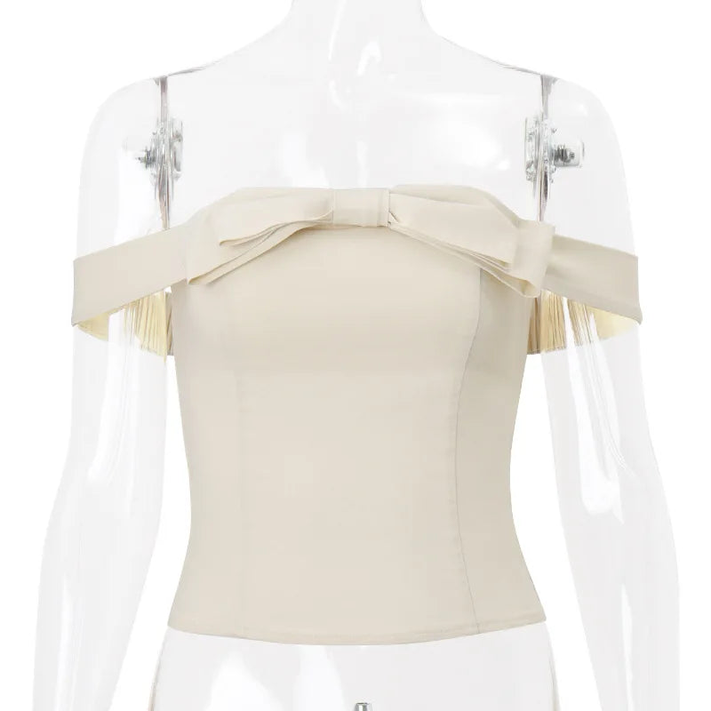 Lunivop One-Shoulder Bow Short Top For Women Lace Up Sexy Backless Slim Fit T-Shirt Hot Girl Solid Color Splice Tops Summer New