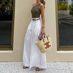 Lunivop  Women Casual High Street Trousers with Belt Spring Summer High Waist Solid Color Fashion Pockets Loose Wide Leg Pants