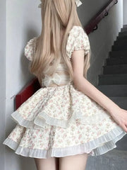Lunivop  Summer Fairy Puff Sleeve Strapless Floral Print Dresses Women Elegant Sweet Chiffon Dress High Waist Slim Tierred Princess New