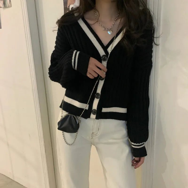 Lunivop Women Knit Cardigan Sweater with Contrast Trim V-Neck Button Up Boxy Sweater Jacket Autumn Winter Teen-girl Preppy Chic Outfit