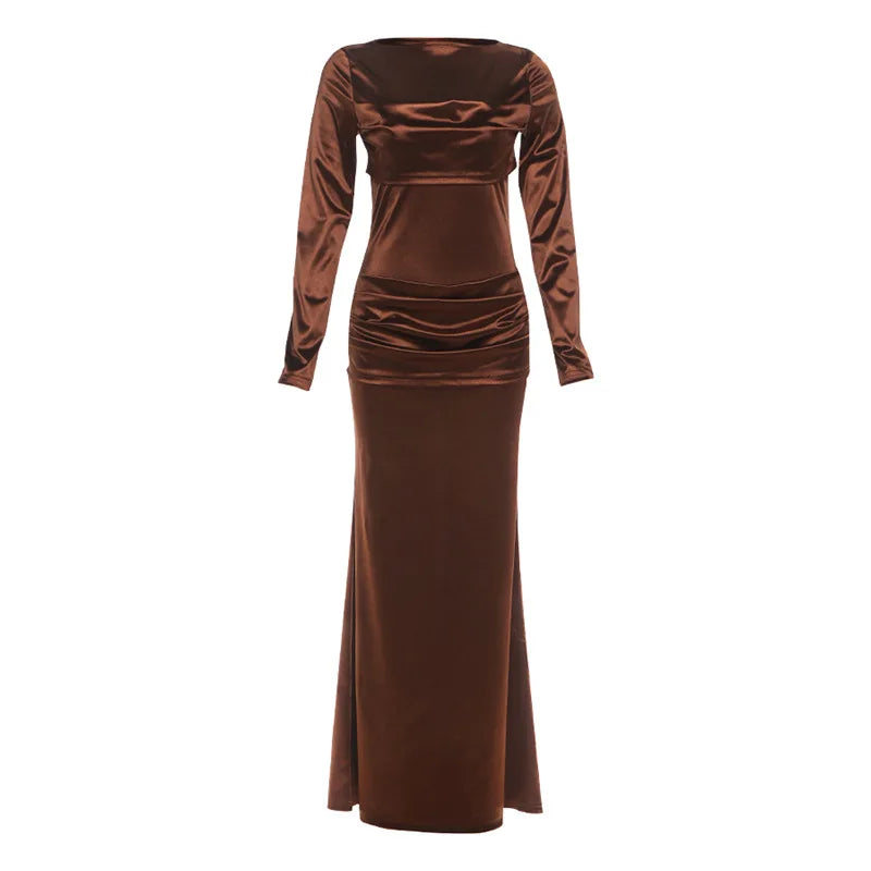 Lunivop  Solid Pleated Bodycon Maxi Party Dress Women Elegant O Neck Full Sleeve Slim Evening Gown Birthday Long Robe Casual Streetwear