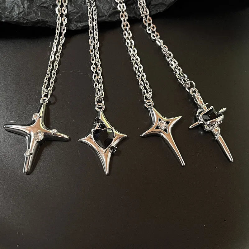 Lunivop Silver Cross Studded Diamond Four Pointed Star Necklace For Men And Women's Vintage Clavicle Chain Party Jewelry