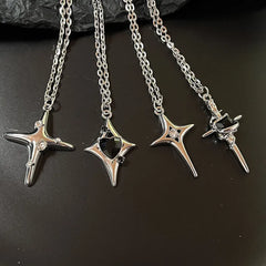 Lunivop Silver Cross Studded Diamond Four Pointed Star Necklace For Men And Women's Vintage Clavicle Chain Party Jewelry