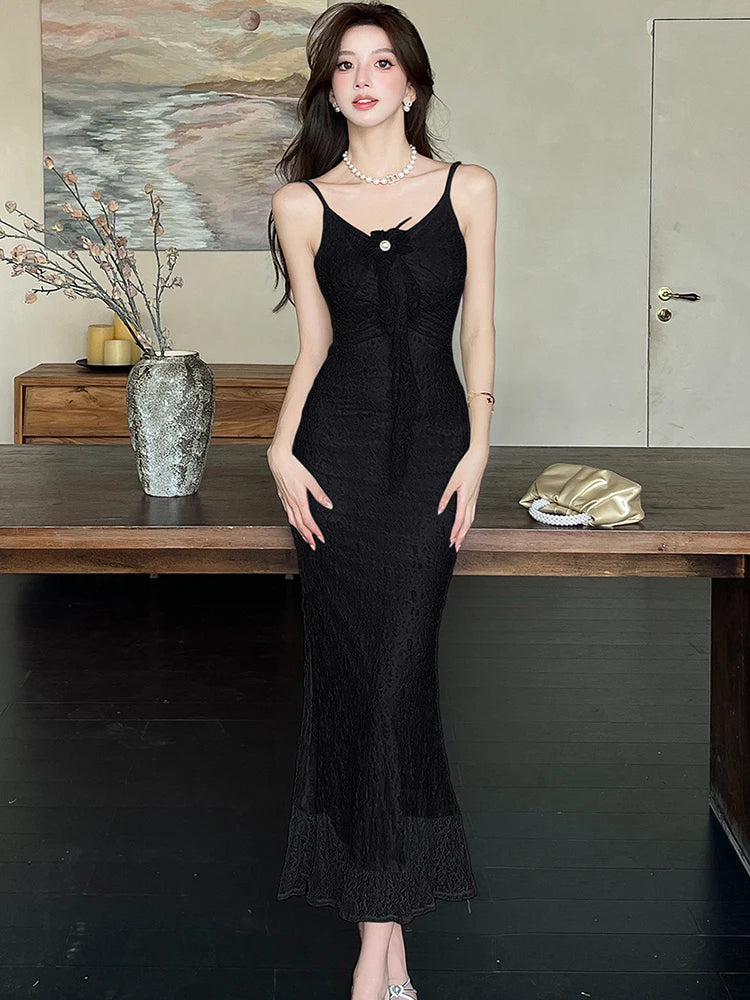 Lunivop  White Lace Jacquard Chic Bow Sling Sexy Long Dress Women Luxury Dacne Party Dress Summer Korean Fashion Bodycon Night Dress
