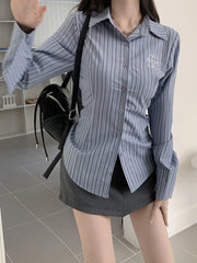Lunivop Harajuku Retro Striped Shirt Women Korean Fashion Slim Embroidery Blouse Preppy Style All Match Long Sleeve Casual Tops