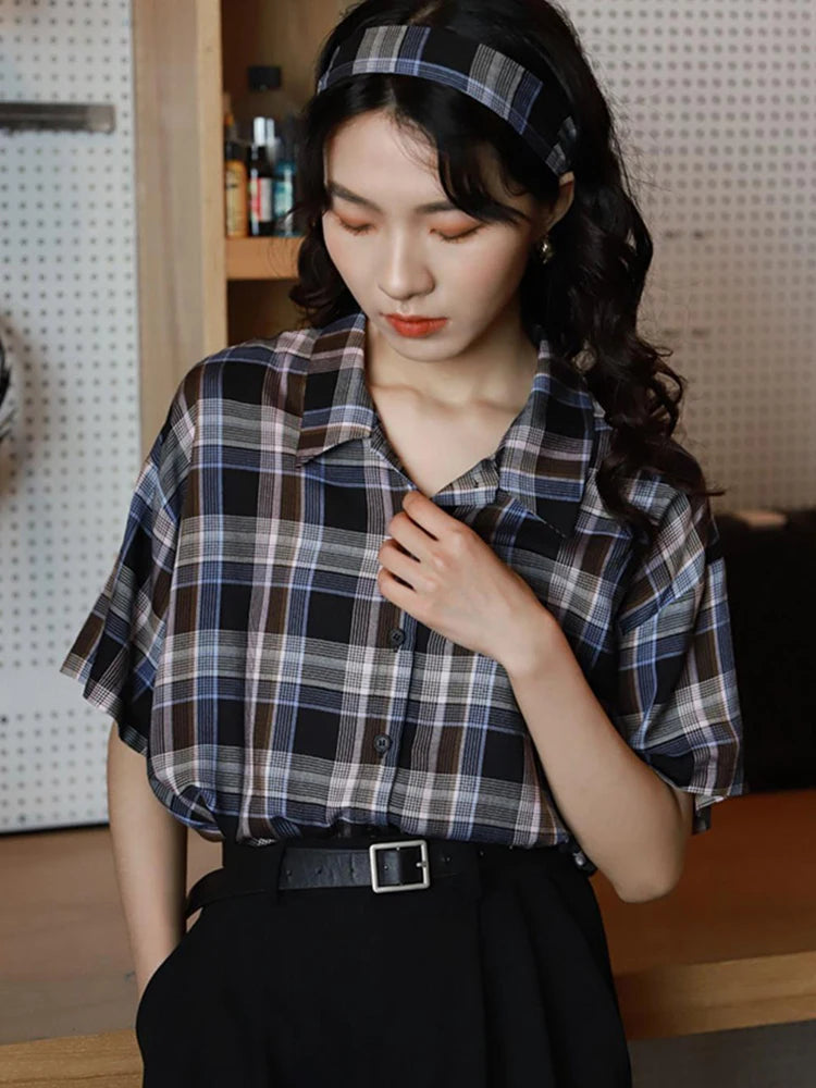 Lunivop  Loose Retro Plaid Shirt Women Short Sleeve Casual Vintage Blouse Summer All Match Japan Preppy Style Single Breasted Tops
