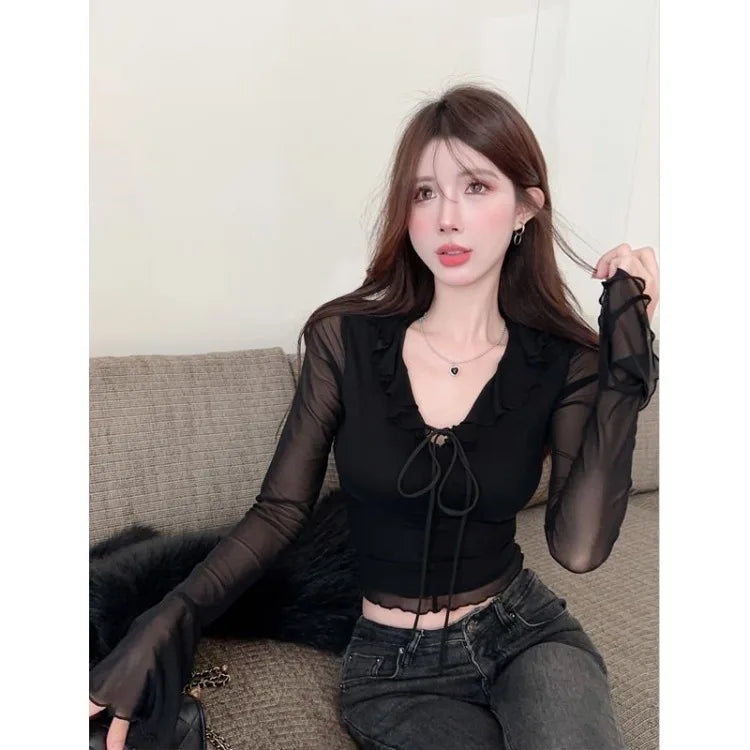 Lunivop  Vintage Ruffles Mesh V-neck Black T-shirt for Women 2025 Summer New Slim Fit Tops Mujer Y2k Slim Fit Long Sleeve Tee Shirt