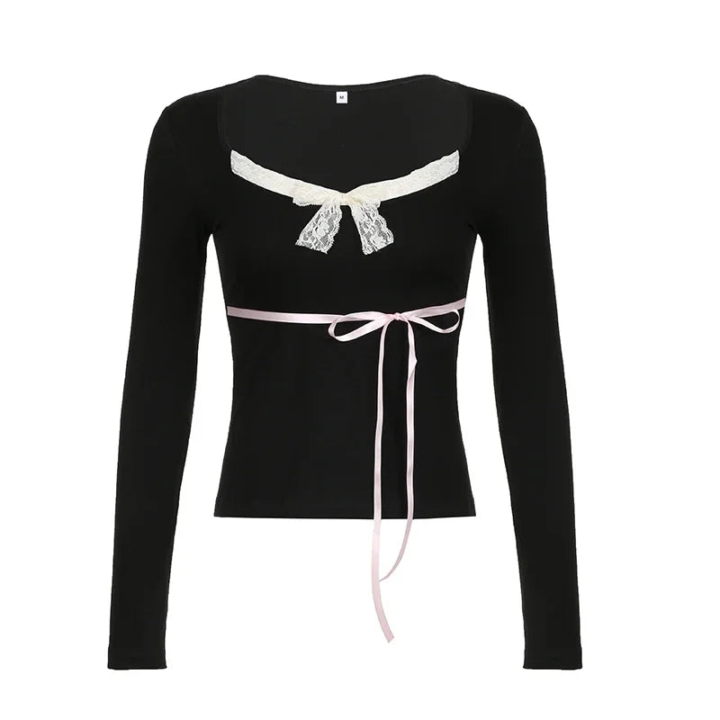Lunivop Y2K Lace Patchwork Top Contrast Color Women Autumn Spring Ribbon Lace-up Bow Coquette T-shirts Cute Causal Basics Tees