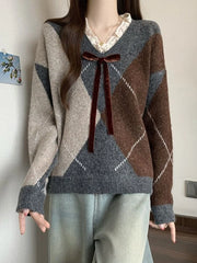 Lunivop Sweet Bow Argyle Sweaters Women Retro Preppy Style Loose Knitted Pullover Lace Patchwork Long Sleeve Female Vintage Jumpers Fall