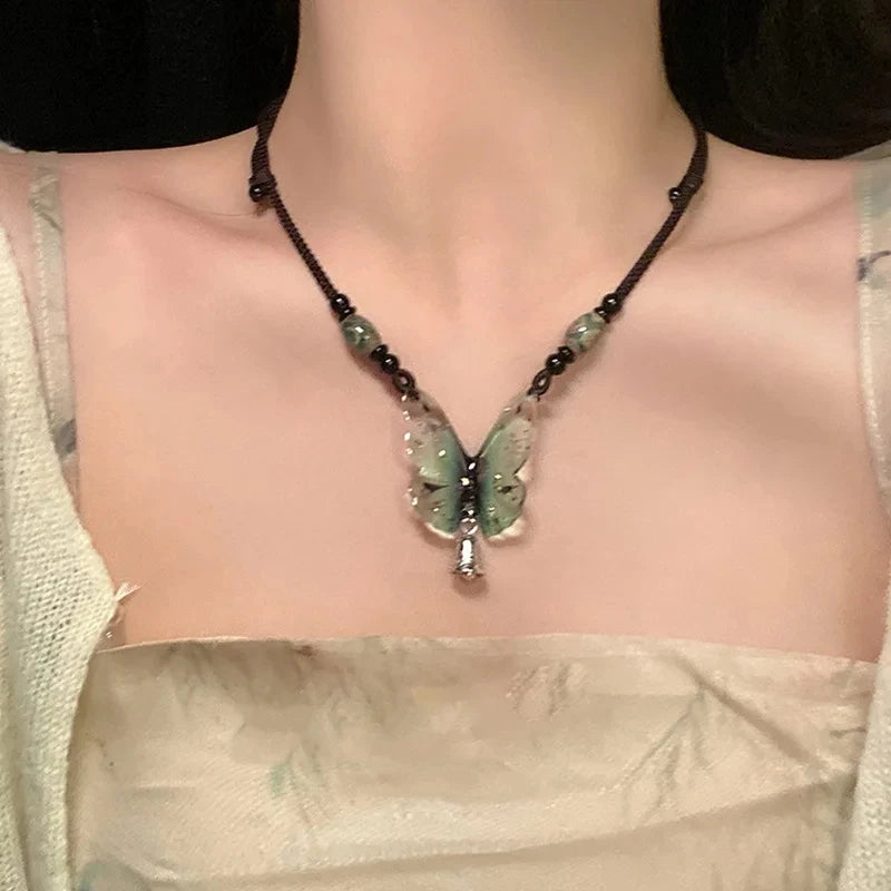 Lunivop Green Acrylic Butterfly Necklace for Women Braided Rope Fairycore Necklaces Temperament Fashion Jewelry Summer New In