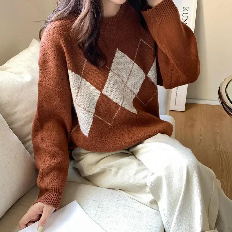 Lunivop  Autumn and Winter Fashion New Women's Loose Sweater Elegant Knitted Diamond Grid Retro Warm Cashmere Thick Hoodie Jumper