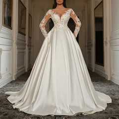 NO Lunivop  Luxury Wedding Dress Sweetheart Neck Lace Applique Long Sleeves Satin A Line Sweep Train Bridal Gown