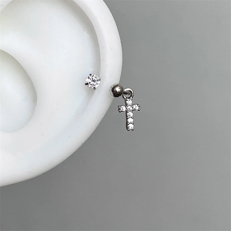 Lunivop 1PCS Pink Zircon Cross 316L Stainless Steel Annular Ear Bone Nail New Fashion U-shaped Earrings for Women Y2K Punk Jewelry