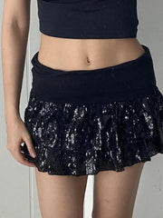 Lunivop Sequins Tiered Mini Skirt Gothic Mid Waist A-line Layered Short Skirts Dark Academia Pleated Skirts Festival Bottoms