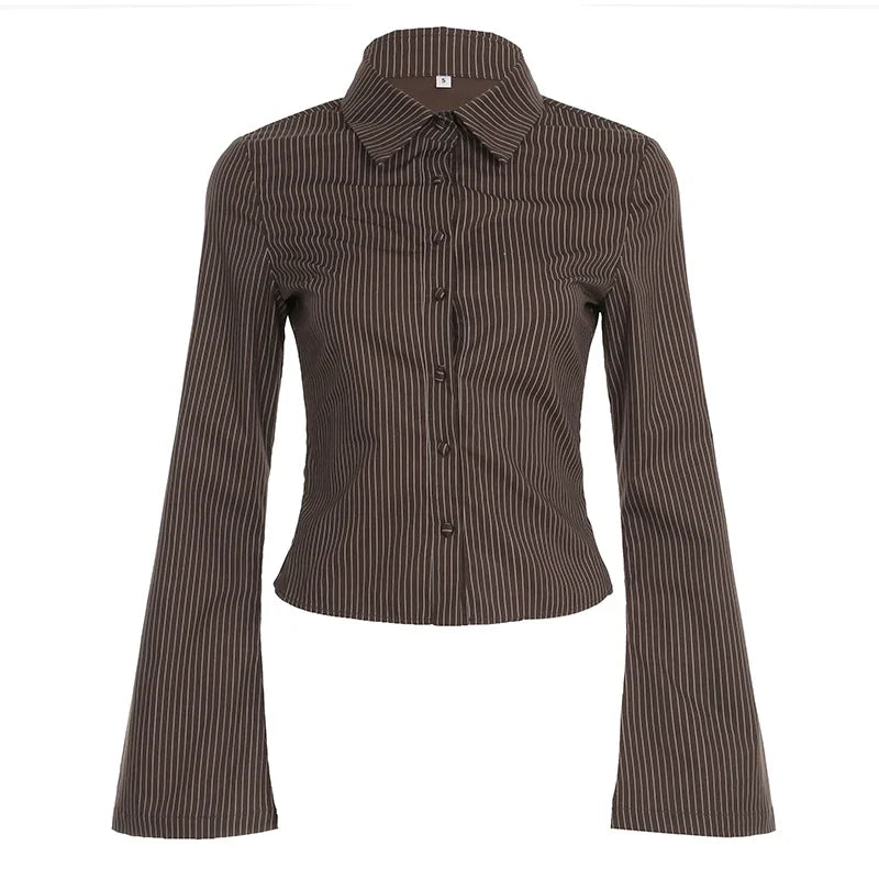 Lunivop  Vintage Striped Blouses Brown Button-up Slim-fit Shirts Office Ladies High Street Turn-down Collar Flared Sleeve Tops