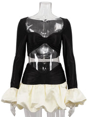 Lunivop  Sexy Female Two-Piece Skirt Set Cropped Bell-Sleeve Top Contrasting Color Puffy Skirt Mini Skirt Women's Y2k Shorts Sets