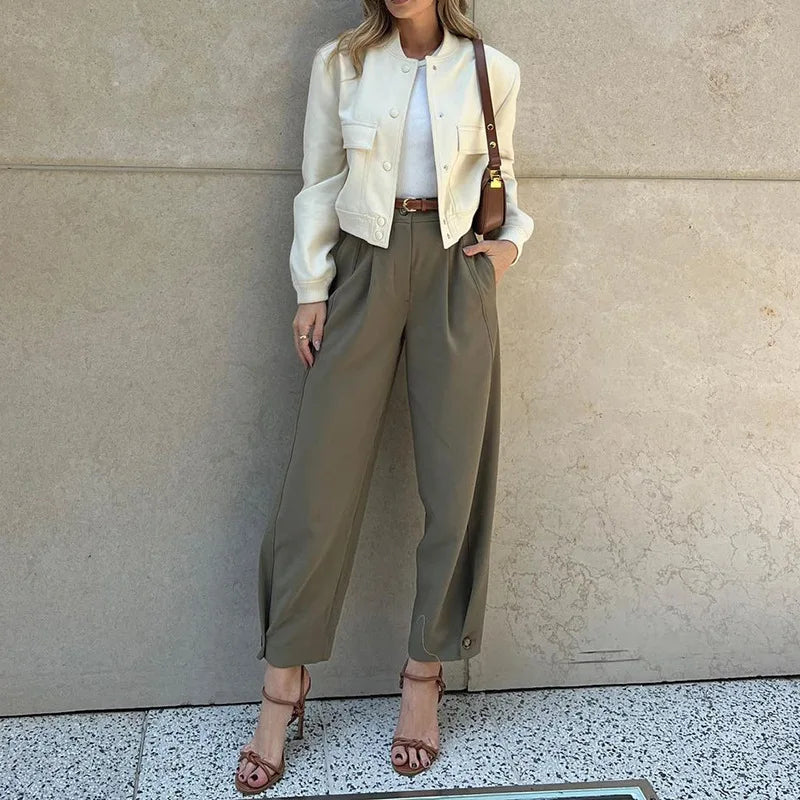 Lunivop  Women Casual Office Lady Ankle Banded Pants Work Solid Color Tailored Draped Simple Ankle-Length Trousers with Pockets