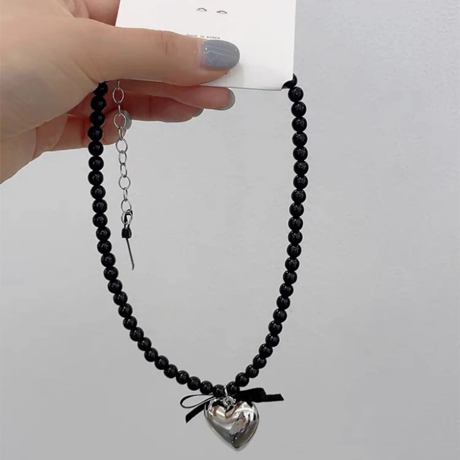 Lunivop New Trendy Simple Black Ribbon Bow Silver Heart Pendant Pearl Necklace for Women Niche Design Imitation Pearl Party Jewelry