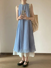 Lunivop  Women Beach Sweet Long Skirt Casual Loose O Neck Elegant Patchwork Dress Vintage Korean Summer Design Lady Retro Blue Dress