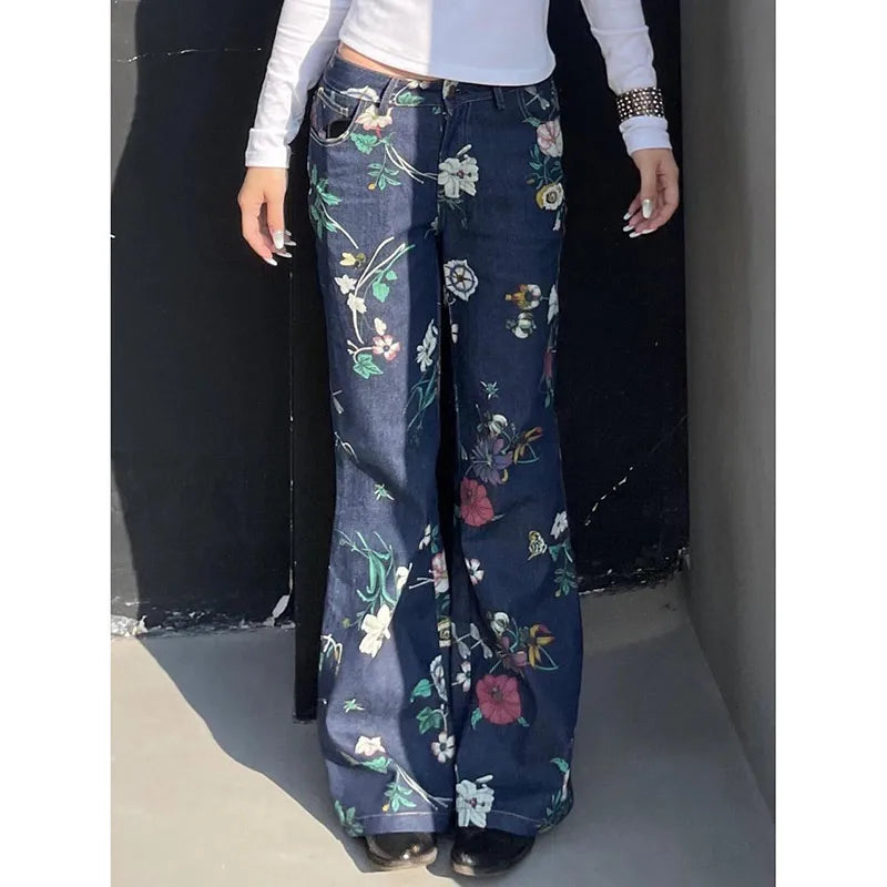 Lunivop Blue Womens Jeans High Waist Vintage Straight Printing Baggy Denim Pants Street American Style Casual Wide Leg Denim Trouser