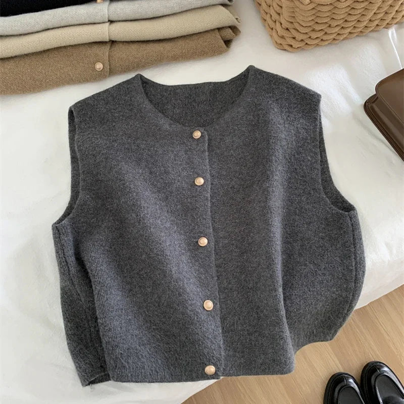 Lunivop Women Sweater Vest Gold Button Up Waistcoat Soft Knitted Sleeveless Cardigan Jacket Top Fall Winter Korean Ladies Chic Outfit