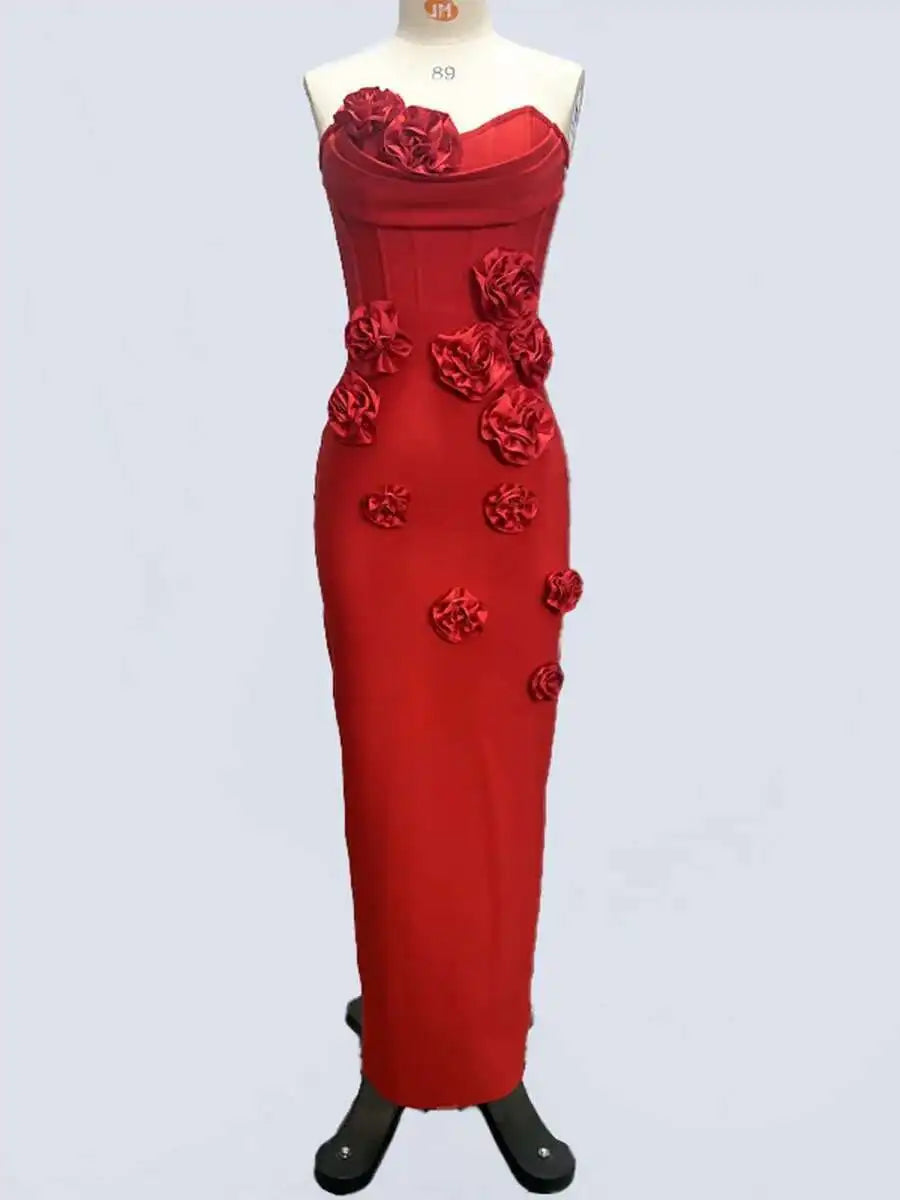 Lunivop Solid 3D Flowers Spliced Design Dresses Women's Strapless Sleeveless High Waist Slim Elegant Dress Autumn 2025 New
