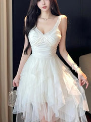 Lunivop  Patchwork V Neck Sleeveless Slim Elegant Backless Spring Summer Women's Short Front Long Back Party White  Sing Dress