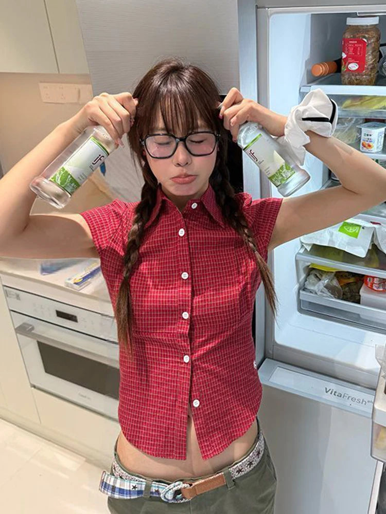 Lunivop Pure Cotton Red Plaid Shirt Women Slim Sexy Cropped Short Sleeve Y2K Blouse Vintage American Streetwear Female Summer Tops
