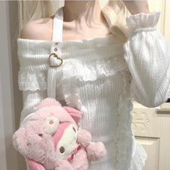 Lunivop Kawaii Sweet Knitted Pullover Women Off Shoulder Japanese Style Sweater Harajuku Lace Bow Cutecore Long Sleeve Sweaters
