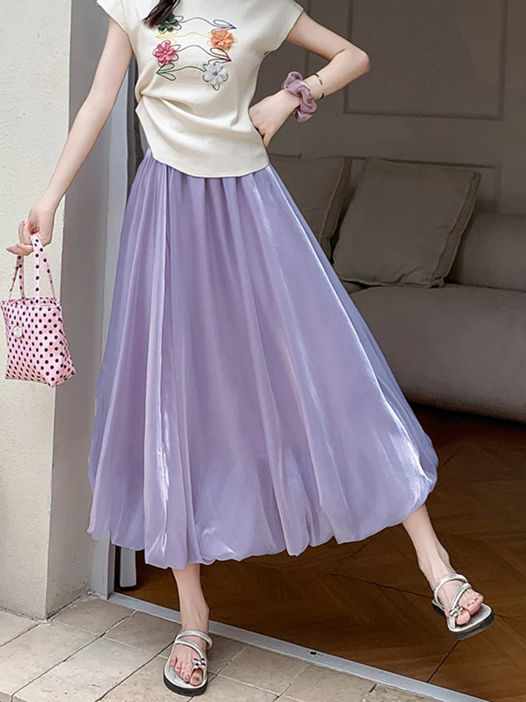 Lunivop Elegant Stain White Long Skirt Women High Waist Fashion Korean Sweet Skirts Casual Design Summer Gown Ball Long Skirts New