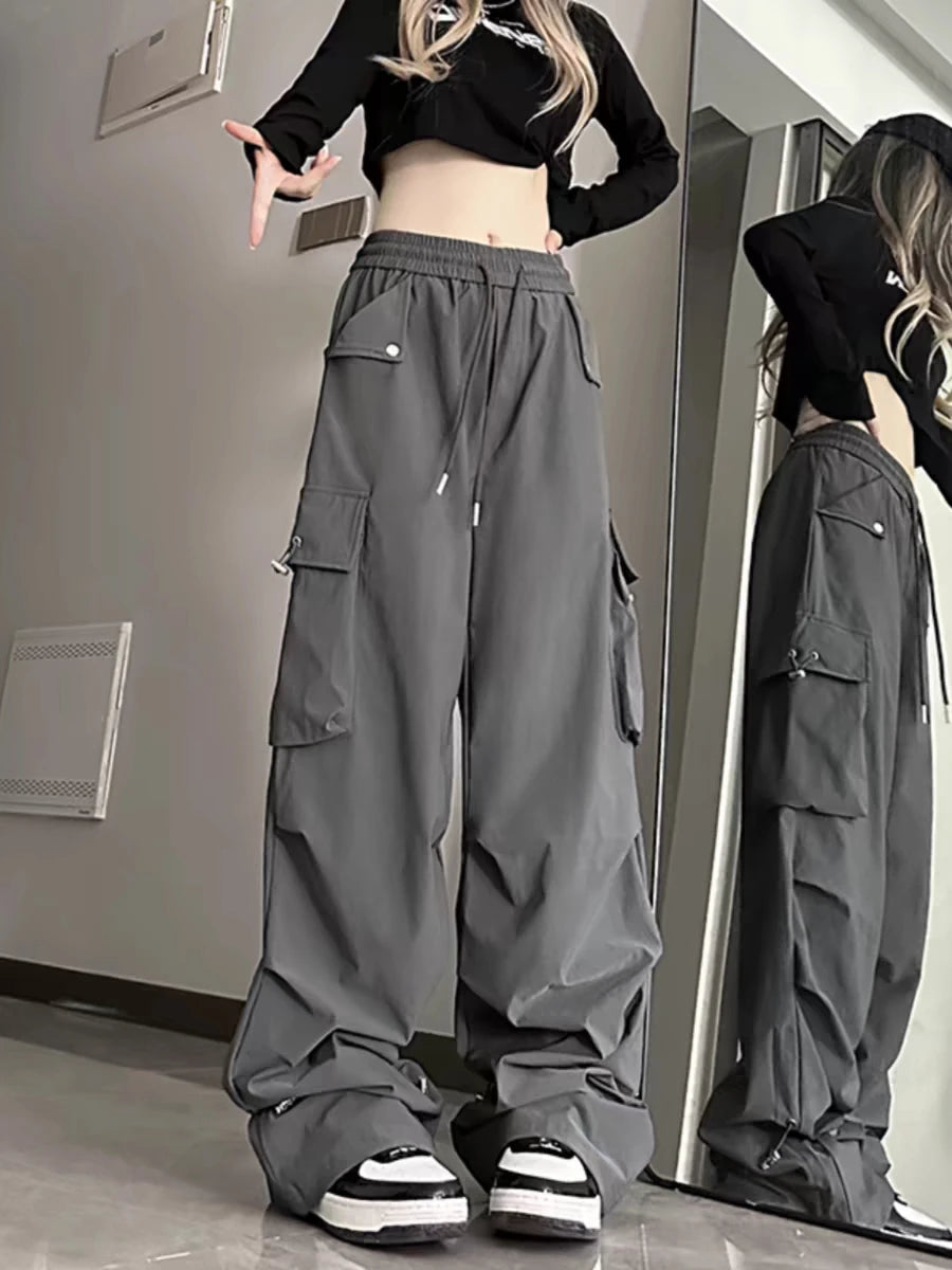 Lunivop American style large pocket cargo pants women's spring summer new style wide leg pants loose slimming casual sports pants