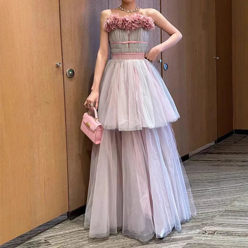 Lunivop  Fashion Women Dress Sleeveless 3D Flowers Splicing Double-layer Large Skirt Hem Female Party Dress New Tide