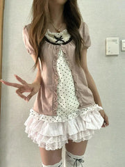 Lunivop  American Style Vintage 2 Piece Set Woman Sweet Girl Fake Two Short Sleeved Tops Casual Lace Mini Skirt Chic