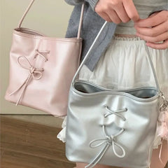 Lunivop   Sweet Cute Tied Bow Handbag Women Leather Large Capacity Square Shoulder Bag Ladies Balletcore Elegant Y2k Underarm Bags