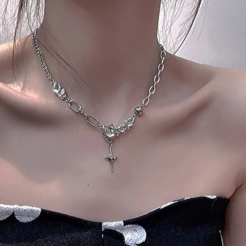 Lunivop Crystal Opal Pendant Liquid Metal Necklace for Women Clavicle Chain Geometric Irregular Vintage Choker Y2K Jewelry Accessories