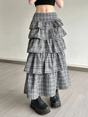 Lunivop Vintage Plaid Skirt Women Preppy Style Sweet Ruffle Cake Long Skirt Harajuku Fashion Patchwork Layered Skirts Street