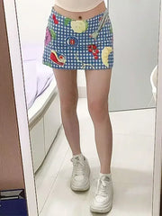 Lunivop  Kawaii Fruit Printed Blue Half Skirt American Style Sweetheart Checkered Short Skirt Cute Y2k Girl Fashion A-line Skirt