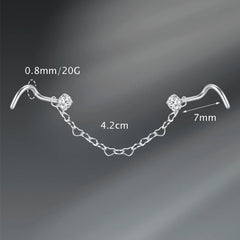 Lunivop  1pc Fashionable Stainless Steel Nose Stud With Chain, 20G Spiral Nose Stud, 4.2cm Heart-Shaped Chain, Nose Jewelry Accessory