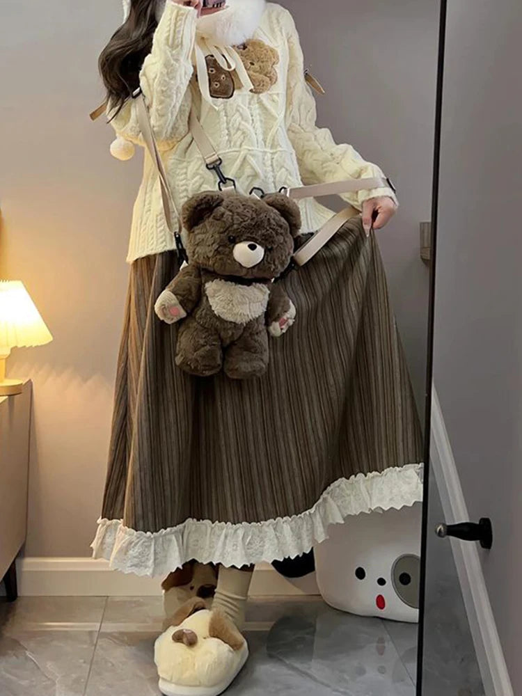 Lunivop Lace Patchwork Striped Long Skirts Korean Retro Faux Woolen Skirts Casual High Waist Loose Lady Autumn Winter Elegant Skirt