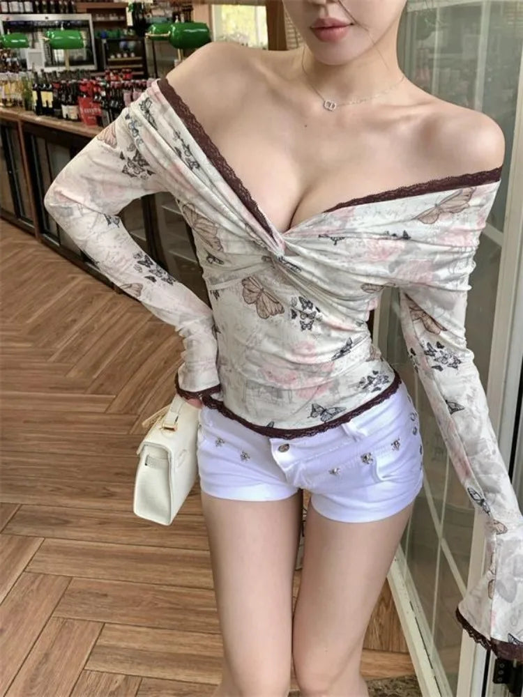 Lunivop  Green Oil Painting Print Vintage Tops Mujer 2025 Summer New Slim Fit T-shirt for Women Sexy Off Shoulder Long Sleeve Tee Shirt