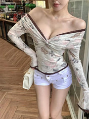 Lunivop  Green Oil Painting Print Vintage Tops Mujer 2025 Summer New Slim Fit T-shirt for Women Sexy Off Shoulder Long Sleeve Tee Shirt