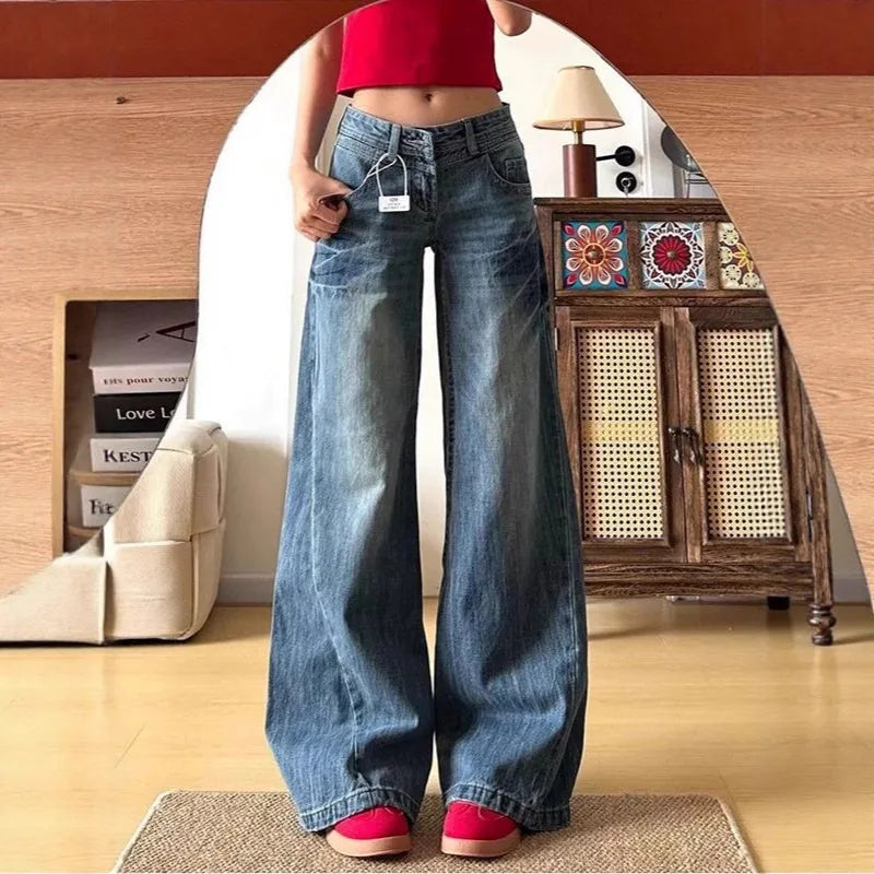 Lunivop  Retro American Washed Jeans Women's Korean Style Low Waist Wide Leg Trousers Drapey Loose Floor-Length Pants Streetwear Trousers