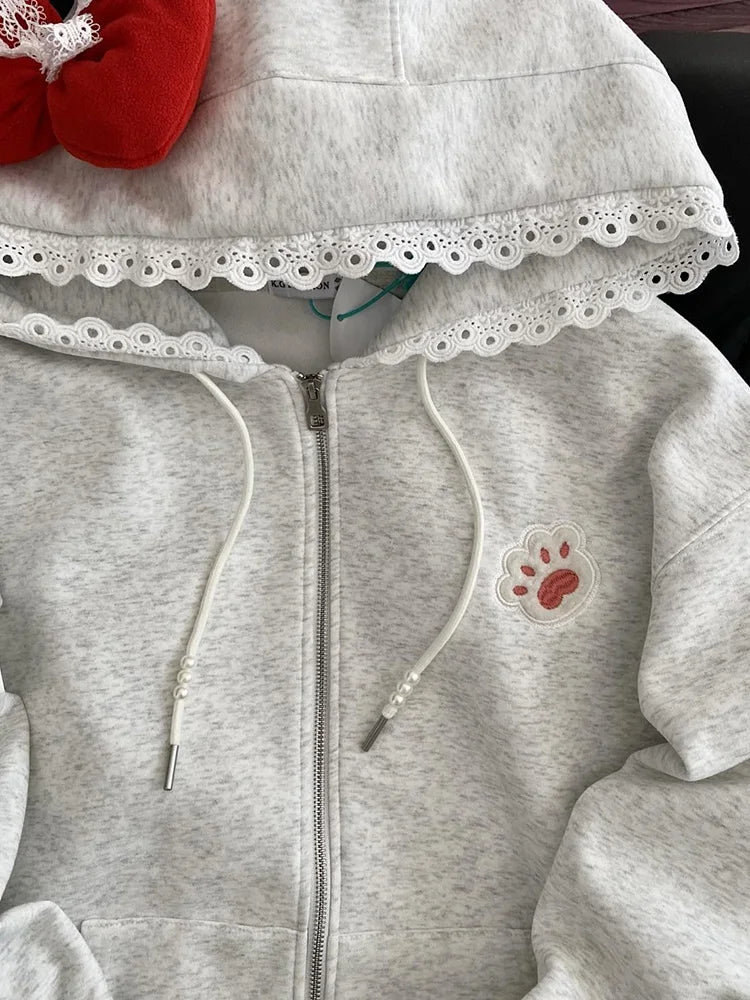 Lunivop Kawaii Print Bow Hoodies Women Sweet Lace Patchwork Long Sleeve Cute Sweatshirts Japan Loose Pockets Letter Female Zipper Tops
