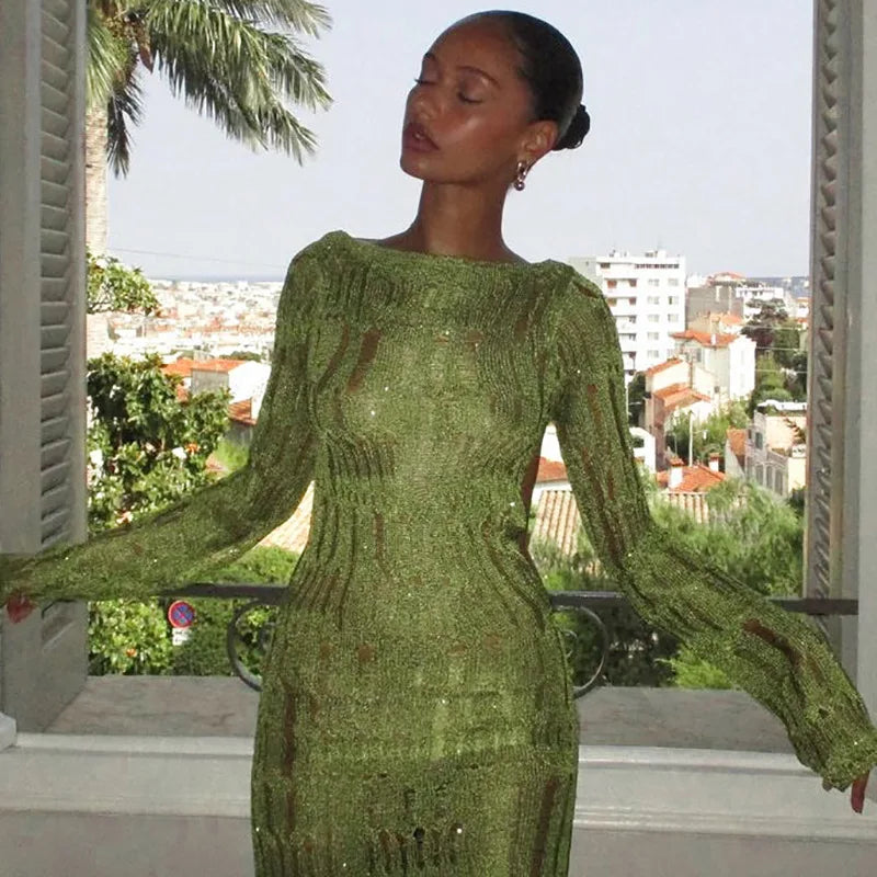 Lunivop Elegant Knitting Ribbed Backless See Through Hollow Out Long Sleeve Women'S Dresses Evening Summer Prom Casual Clothes