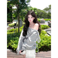 Lunivop  American Vintage Loose Pullover Hoodie Women Autumn Sexy Lace Up Sweatshirts Casual All-match Japanese Sweet Top Letter Hoodies