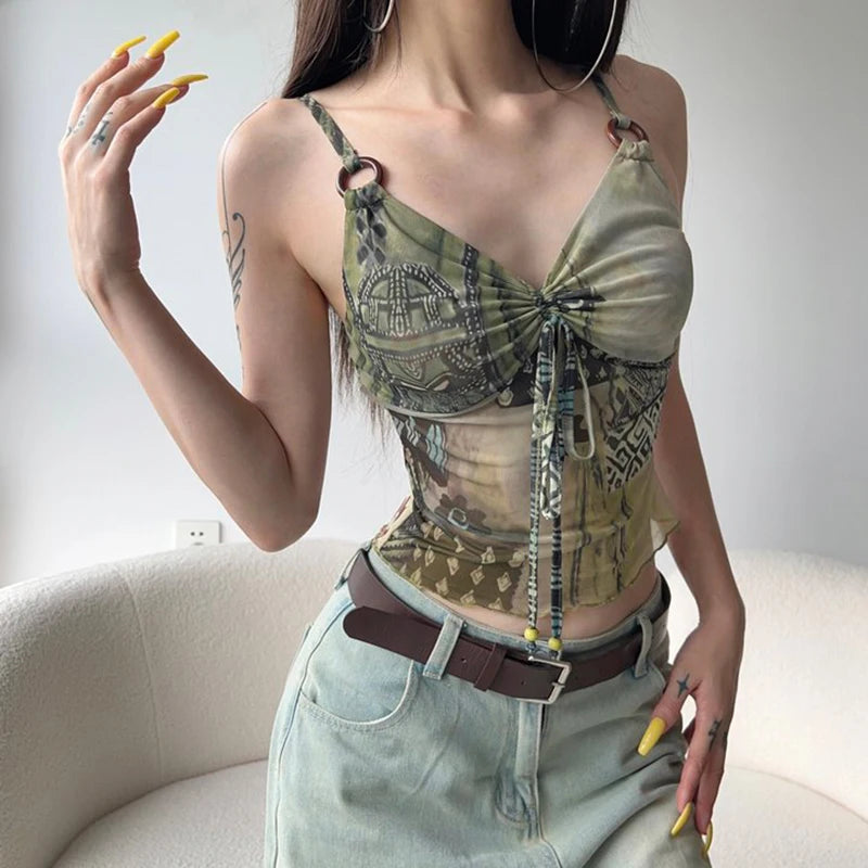 Lunivop  Vintage y2k Crop Top Mesh Drawstring Bandage V Neck Sleeveless Camisole 2000s Harajuku Summer Tees Retro Ladies Clothing