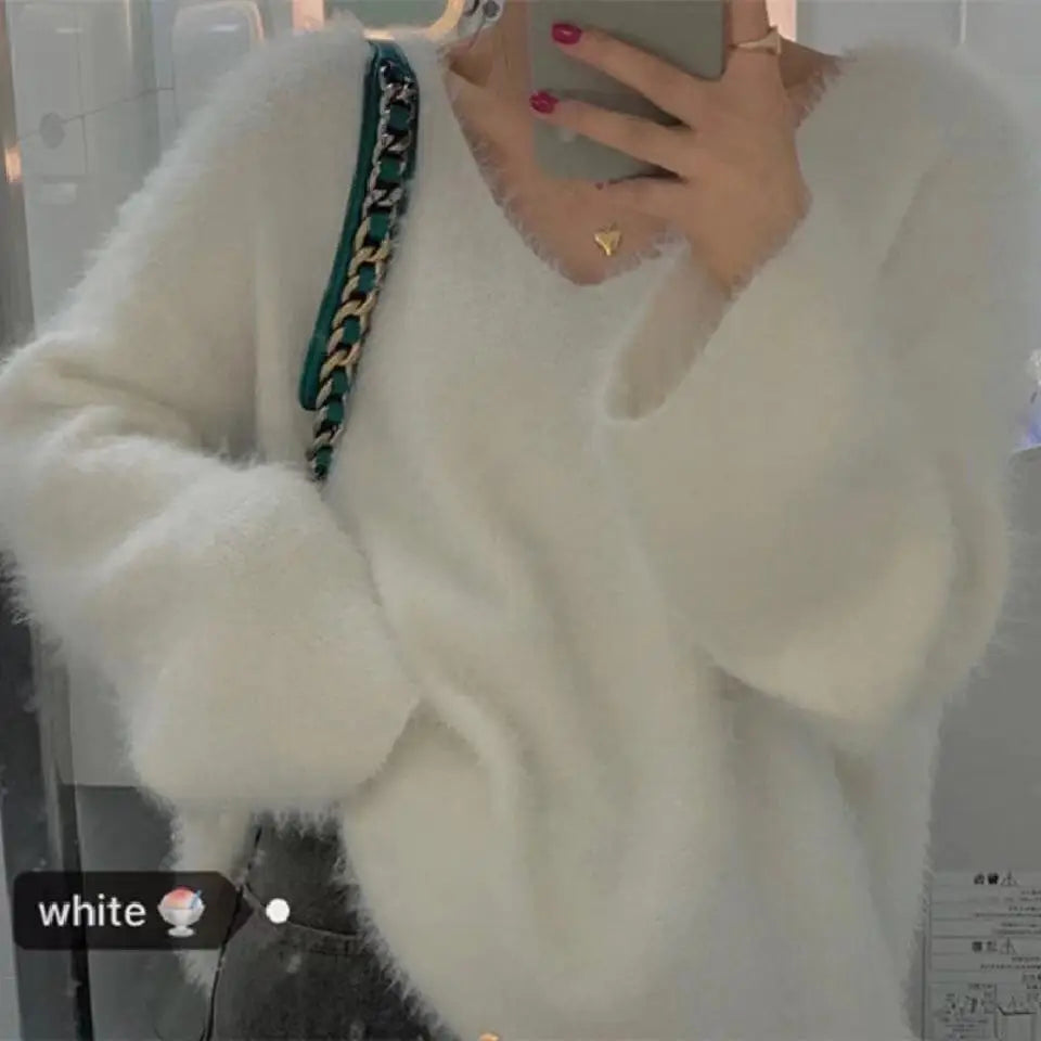 Lunivop Fuzzy Mohair Knit Sweater Pullover Women Cozy Long Sleeve V-Neck Plain Jumper Soft Knitwear Teen-girl Fall Winter Casual Outfit