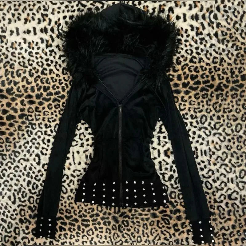 Lunivop  Women Edgy Collarless Slim Fit Long Sleeve Solid Color Medium Weight Jacket with Faux Fur Trim Zipper Front and Studded Detail